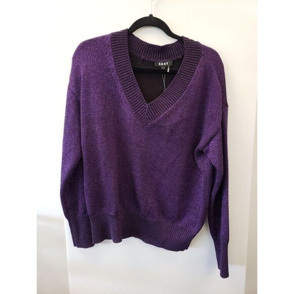 DKNY NWT Purple Glitter Sparkle V-Neck Sweater Top - Picture 6 of 7